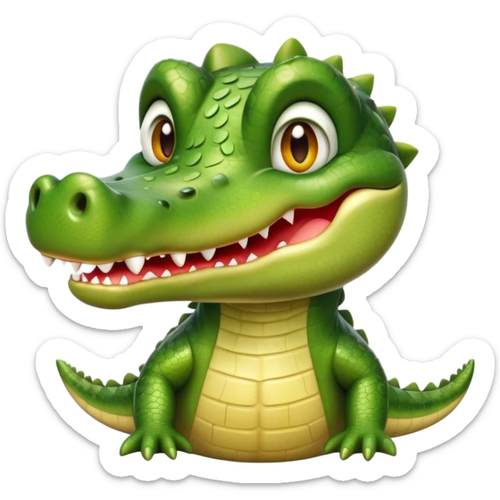 Cinematic Realistic Cute Crocodile Portrait Emoji, Head tilted playfully and inquisitively, featuring a robust, well-defined build with intricately detailed, glossy olive-green scales and a surprisingly endearing face with round, sparkling eyes full of unexpected charm, rendered with lifelike texture and natural highlights, high shine, affectionate and spirited, styled with a touch of wild whimsy, soft glowing outline, capturing the essence of a mischievous yet lovable crocodile that seems poised to snap playfully out of the screen into your arms! sticker