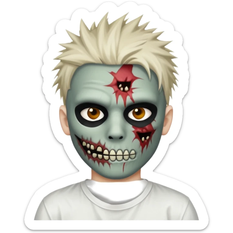 zombie boy with spiky emo hair and white shirt emoji and 

He wears an anonymous mask on half his face and has wounds on the other half. sticker