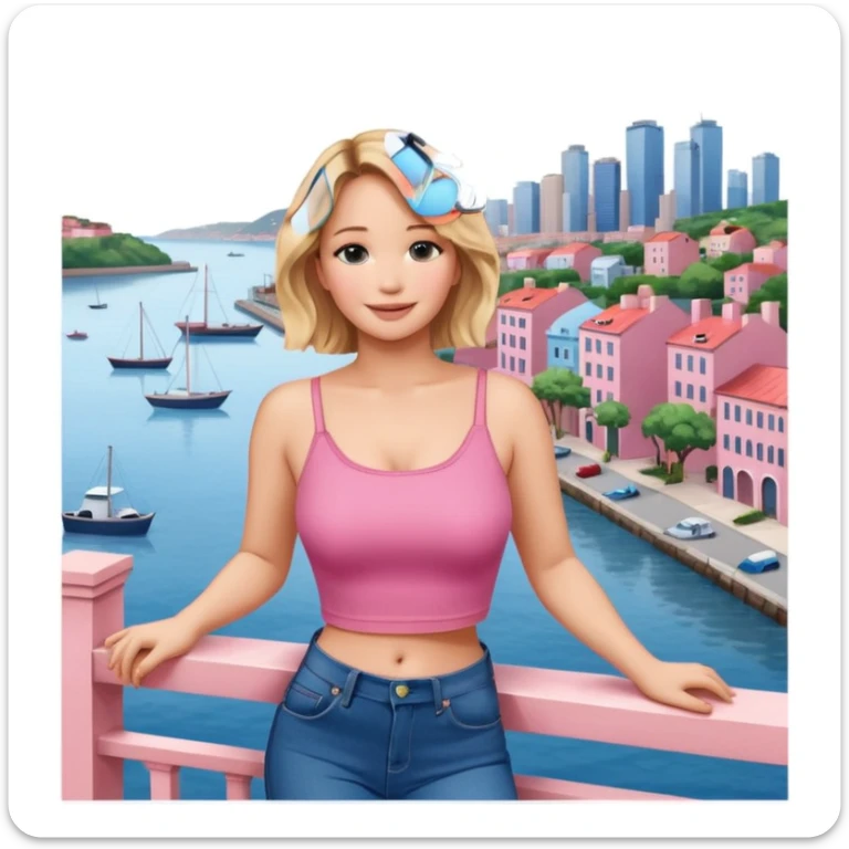 jennifer lawrence, pink crop top, and blue jeans, leaning on a balcony with a harbor and cityscape in the background, smiling sticker