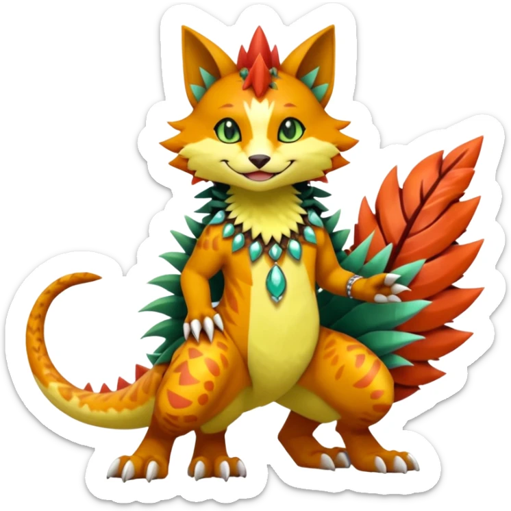 Kawaii cute reddish orangish yellowish greenish exotic tribal beautiful pretty elegant divine edgy feline-vernid-sergal-Fakémon-Pokémon-Digimon-fursona-animal-creature with accessories, jewelries, full body, with intricate detailed markings, furs, fins, scales, spiny sticker