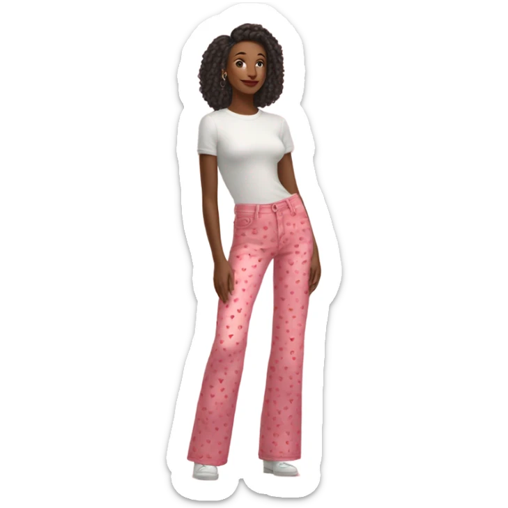 Realistic long Wide leg high waisted pink jeans with small red hearts print, isolated sticker