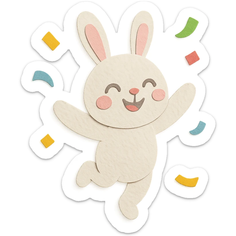 cotton bunny throwing confetti and spinning, full body, clean and polished, no imperfections, paper-craft style sticker