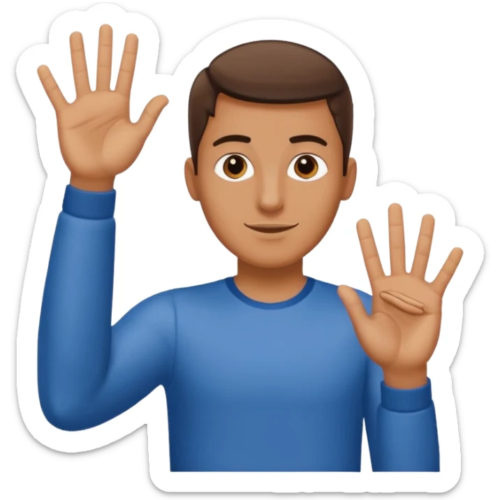 A guy with one of his arm is and the other down with 6 on his left hand and 7 on his right hand sticker