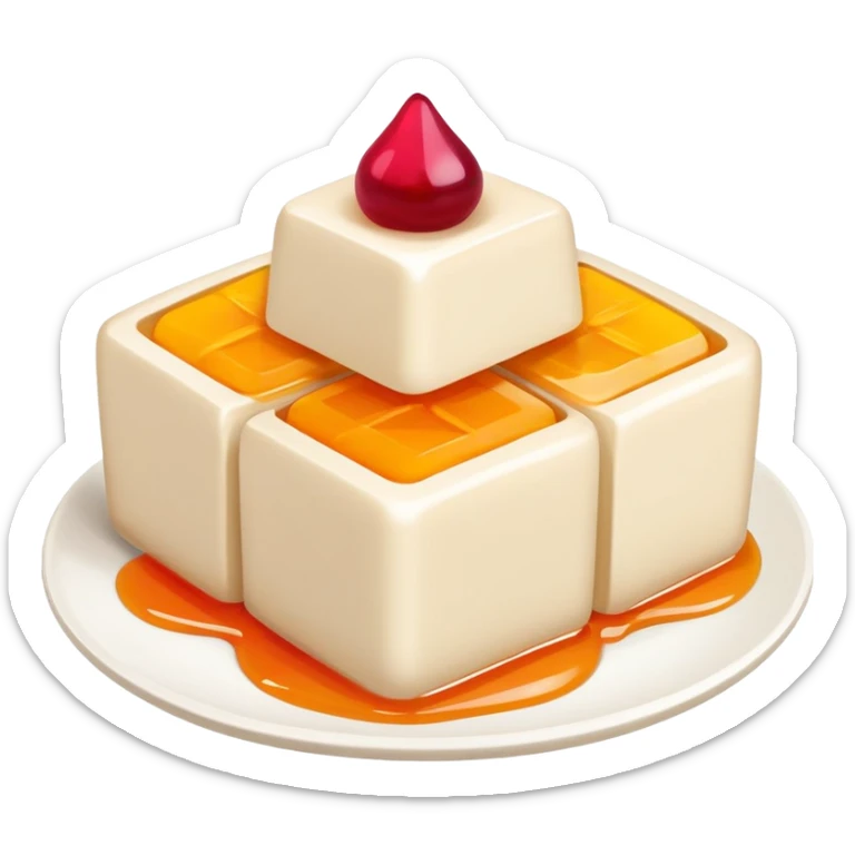 Almond tofu dessert with fruit topping, simplified emoji style with bold outlines and bright colors, cartoon style Xing Ren Doufu jelly sticker
