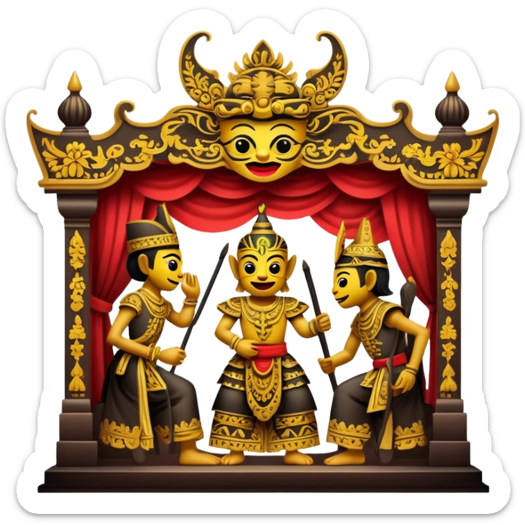 Cinematic Realistic Wayang Kulit Pop Culture Emoji, featuring a vibrant shadow-puppet theatre scene rendered with dynamic textures and artistic, traditional lighting. sticker