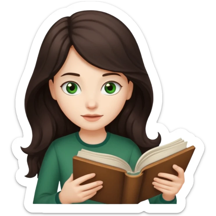 Long wavy dark brown haired, white skinned, dark green eyed girl reading a book sticker