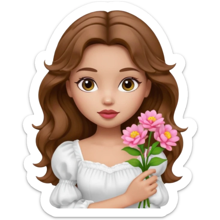 generate a pretty bratz girl with in a white puff sleeve top.  light lipgloss on . Brown wavy hair long. carrying flowers  sticker