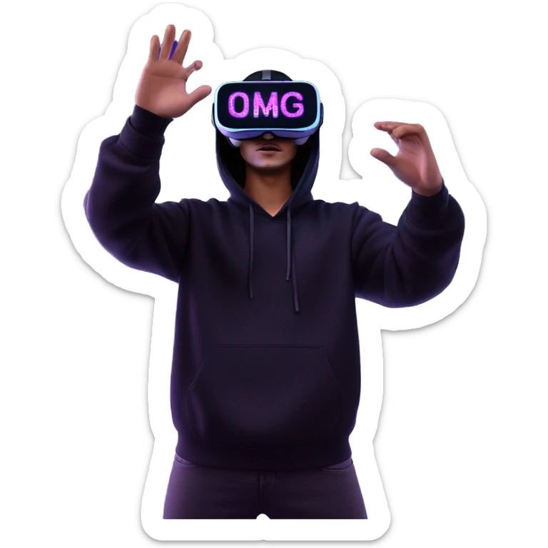 Russian man wearing a black hoodie with "OMG" letters on it and VR headset oculus quest 2 in a cyberpunk VR environment with violet neon lighting. Showing direction with hand sticker