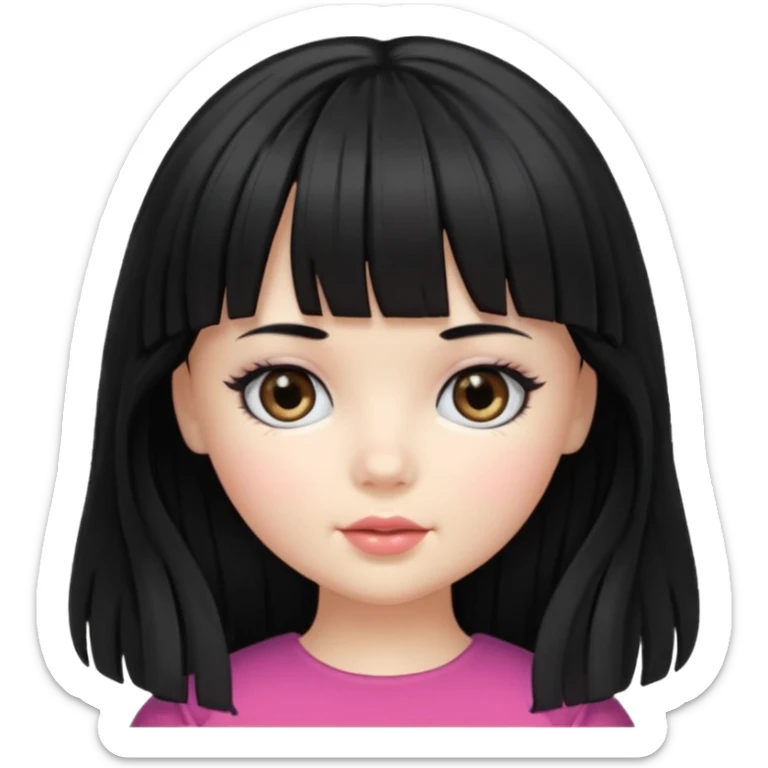 Doll girll, black hair with bangs, slightly wavy, very long hair,long eyelashes, black eyes. sticker
