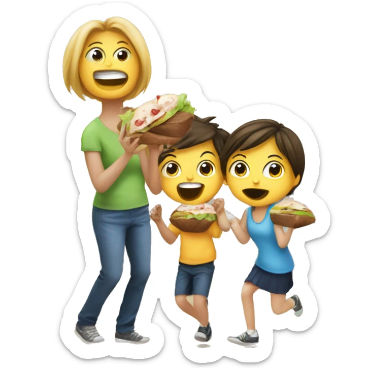Two kids a boy and a girl going crazy eating an awesome lunch while the mom watches sticker