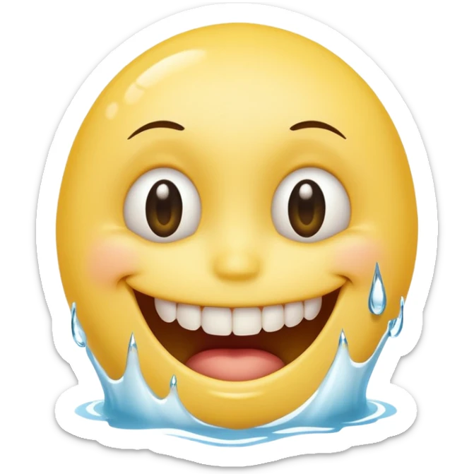 Yellow smiley face holding back tears with realistic watery eyes, and a big human tooth smile sticker