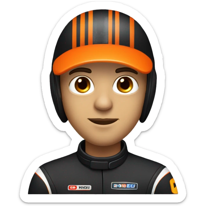 Head and shoulders of a race car driver wearing a black suit with orange stripes and a black helmet with an orange design and a closed visor sticker