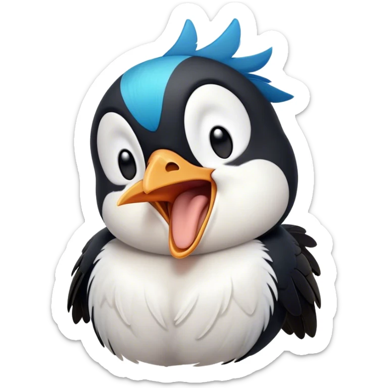 Cinematic Cute Yawning Magpie Portrait Emoji, Head tilted slightly with a dramatic, wide-open yawn, showcasing a sleek, contrasting feathered form with softly drooping wings and sleepy, half-closed eyes, Simplified yet irresistibly adorable features, highly detailed, glowing with a soft, cozy urban glow, high shine, relaxed yet expressive, stylized with a dash of whimsical charm, soft glowing outline, capturing the essence of a drowsy yet affectionate magpie that appears ready to stretch out for a nap! sticker