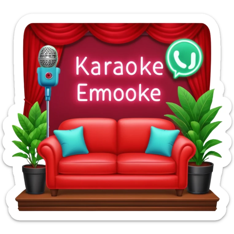 front view of a red velvet couch with a mic in front, houseplants in the background, and a neon sign directly above the couch that says "karaoke" sticker