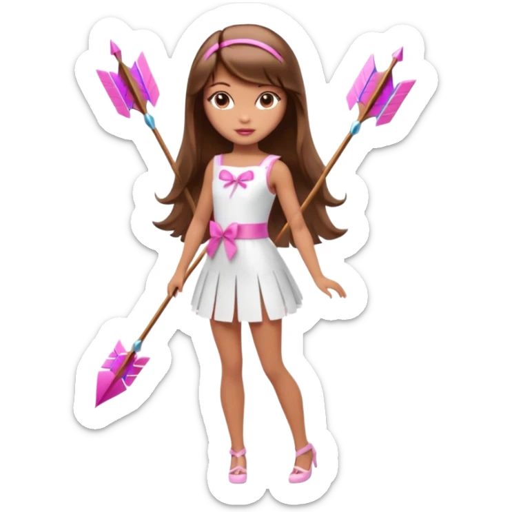 Hada sexy cupido pequeña  de cabello largo lacio castaño con flequillo y ojos cafés  vestida con algo sensual corto color blanco o rojo arco delgado con un color que combinen   y flechas  igual delgadas  que combinen y labios rosas tipo Barbie pero en hada cupido de cuerpo completo ojos sexys  sticker