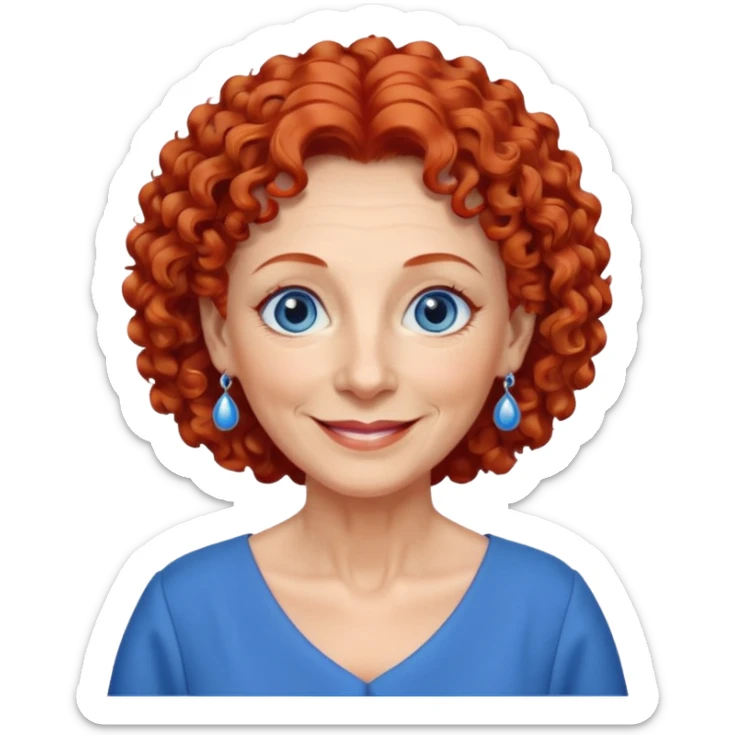 una profesora mayor simpática con el pelo rojo rizado, ojos azules, vestido azul y pendientes azules hablando altura completa sonriendo sticker