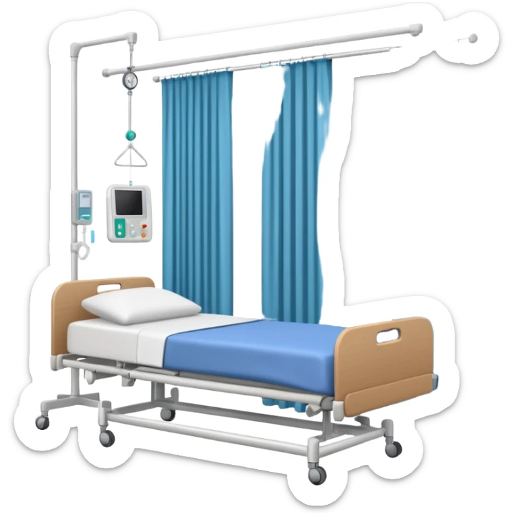 A clean patient room with hospital bed, curtain divider, and IV stand.
 sticker
