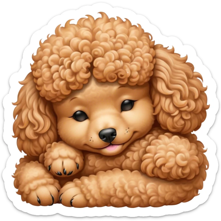 Meme-Worthy Cute Sleeping Apricot Poodle Portrait Emoji, Head resting peacefully with a contented smile, showcasing a delightfully elegant build and a luxuriously soft, curly apricot Fur, eyes shut in a serene nap, Simplified yet hilariously adorable features, highly detailed, glowing with a soft, drowsy light, high shine, relaxed and utterly lovable, stylized with an air of playful laziness, bright and heartwarming, soft glowing outline, capturing the essence of a comically sleepy companion, so meme-worthy it feels like it could instantly become the next viral sensation of adorable slumber! sticker