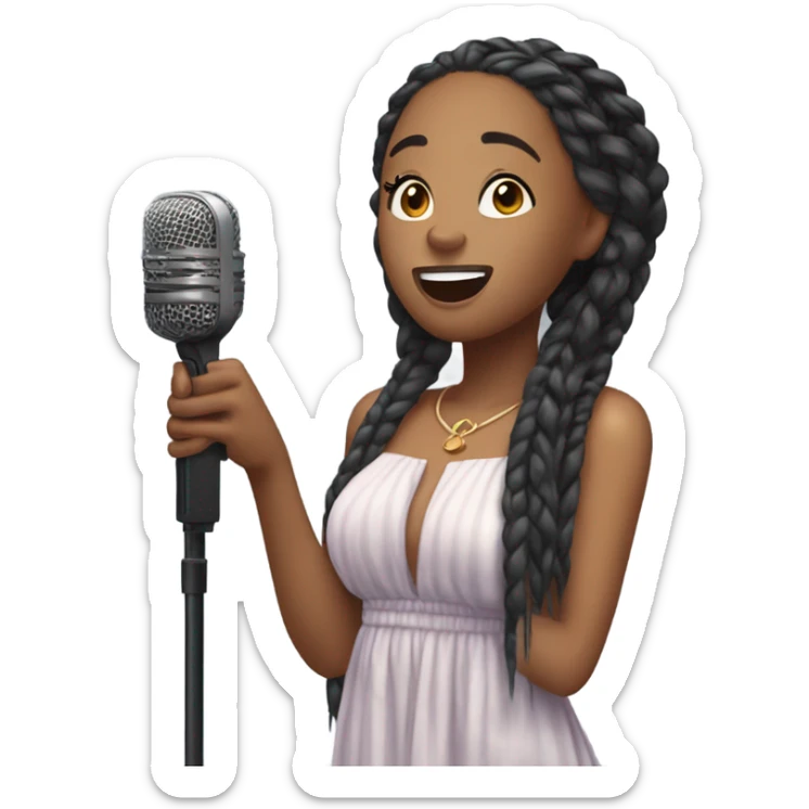attractive young black woman with her eyes closed with long box braids, flowy dress singing with a mic sticker