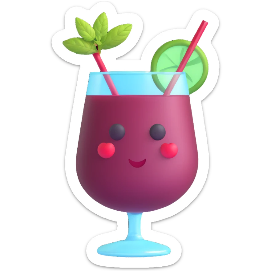 3D emoji style cocktail glass with burgundy drink and a mint sprig sticker