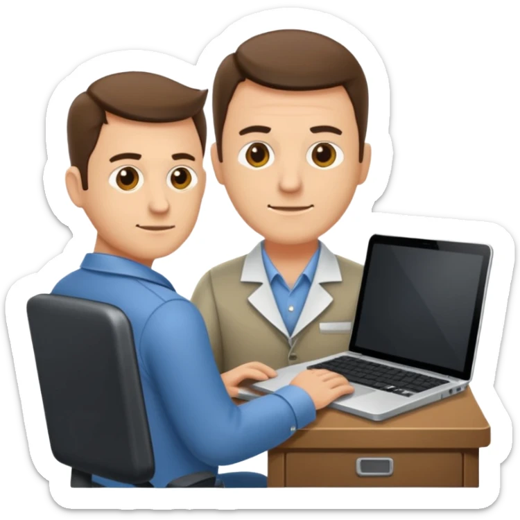 Mach mir einen Trader der in einem Schreibtischstuhl sitzt mit einem Laptop. vor sich am tisch sticker