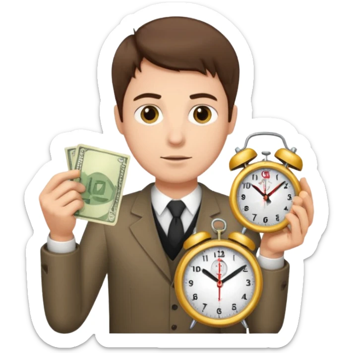 A man with short brown hair holding an alarm clock and money sticker