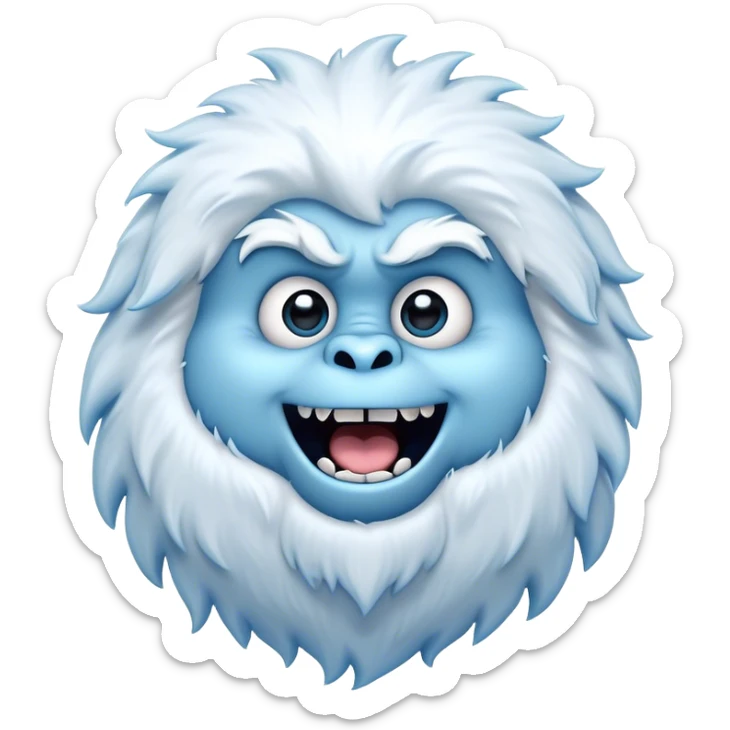 Cinematic Comical Yeti Portrait Emoji, with a cartoonishly exaggerated, fluffy figure in cool, frosty whites and icy blues, head tilted in an overly surprised expression with wide, comically sparkling eyes and a quirky, open-mouthed grin, simplified yet hilariously detailed, glowing with a soft frosty outline capturing the meme-worthy fun of a yeti in playful shock! sticker