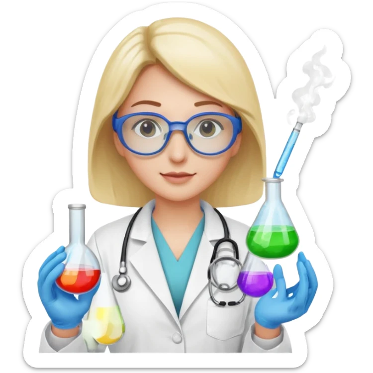 A person wearing safety goggles, a stethoscope, and a white coat. In one hand they hold a test tube containing chemicals  sticker