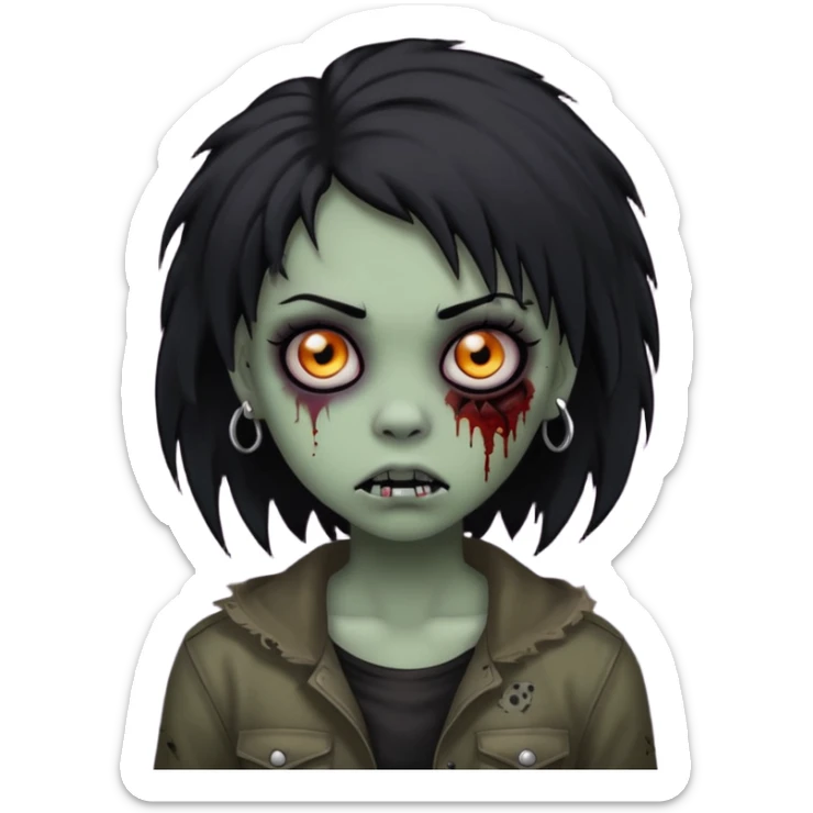 girl, zombie, black coily hair, medium long, emo, shaggy, dark, spooky, piercing on eyebrow, creepy blank expression sticker