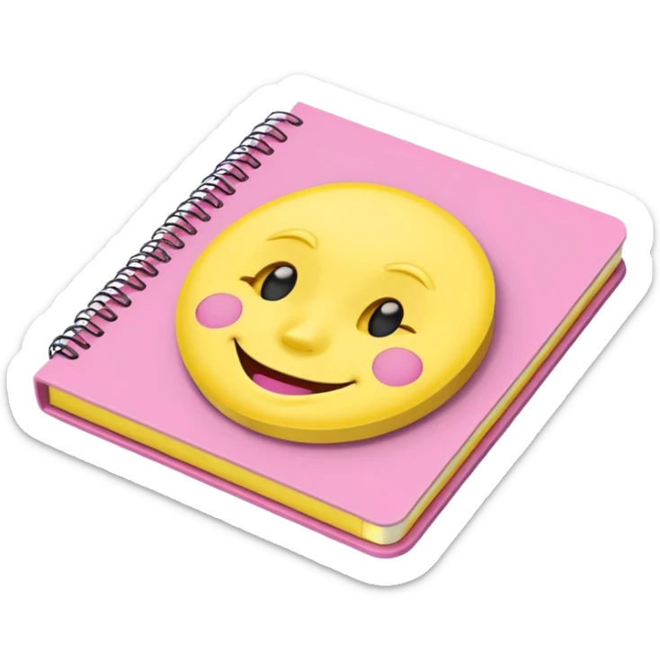 libreta de anillos rosada en perspectiva isometrica con sticker de carita feliz amarilla, sin rubor rosa, con aspecto de emoji de apple sticker