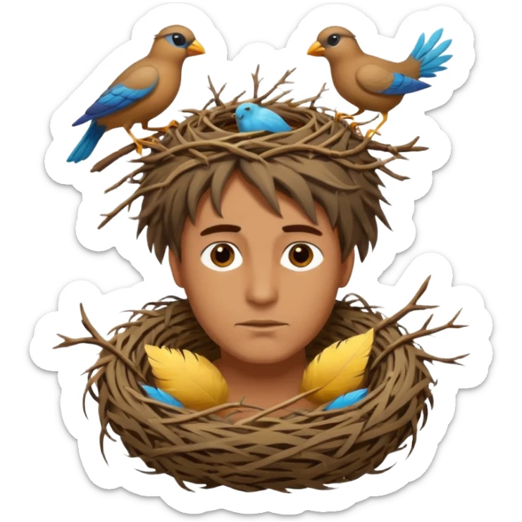 Man who has a birds nest on top of his head for hair sticker