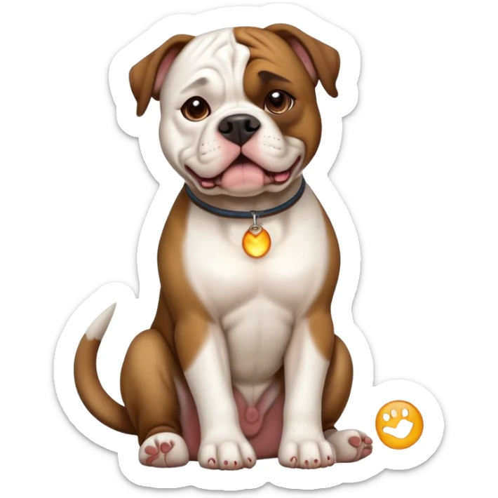 cinematic-[american bulldog]-realistic-full-body-sitting-emoji,-tail-resting-loosely-beside-its-paws,-head-tilted-dramatically,-sleek-[brown]-fur,-simplified-yet-realistic-focused-features,-highly-detailed,-glowing-with-an-almost-sarcastic-glow sticker