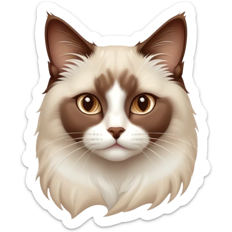 Cinematic Chocolate-Point Ragdoll Cat Portrait Emoji, Elegant and alert, sleek brown and white tones with a distinct white nose, Simplified yet sharp features, highly detailed, glowing with a warm, confident glow, high shine, intelligent and poised, stylized with an air of grace, focused and attentive, soft glowing outline, capturing the essence of calmness and elegance, so lifelike it feels as though it could spring into motion with a gentle, poised presence at any moment! sticker