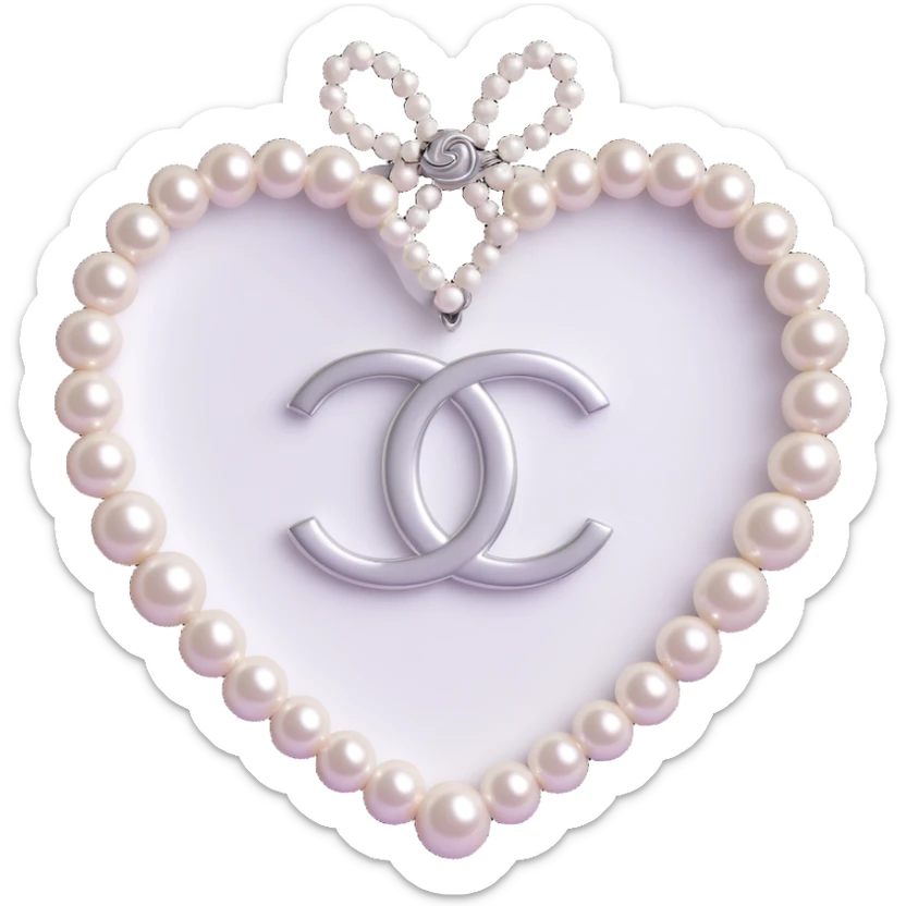 glossy white heart encircled by a string of pearls, with a silver Chanel logo overlay, elegant, black and white palette sticker