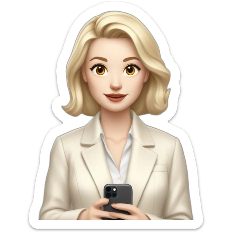 pale skin woman with ash blonde Straightened bob Hair, White Spacious classical jacket, beige palazzo Arrow pants and gray blouse holding white IPhone 15 pro in the hands sticker