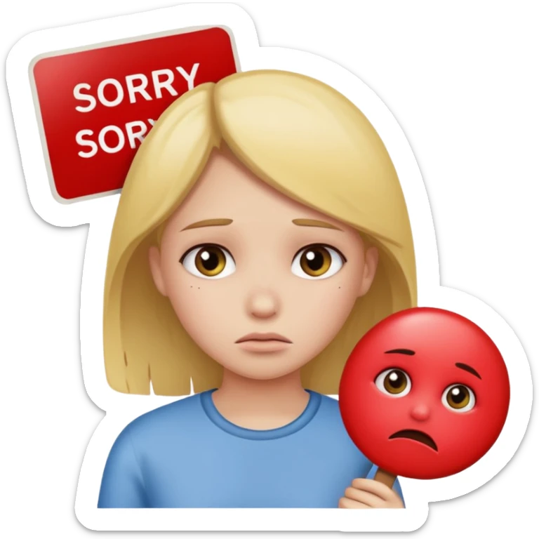 a girl with a sad face holding a sign that says sorry  sticker