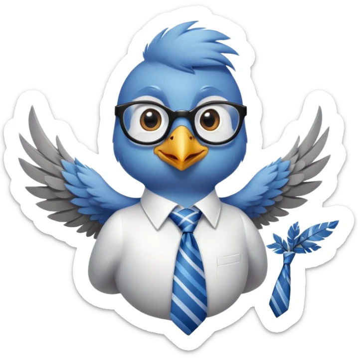 Color scheme:** Soft, calming colors like **blue, gray, and white** to match a trustworthy finance theme.  
- **Eyes:** Big, round, and bright with a **kind, intelligent expression**.  
- **Feathers:** Smooth and clean, with subtle gradient shades for a modern look.  
- **Accessories:**  
  - 🕶️ Small glasses → To represent wisdom.  
  - 💼 Tiny business tie → Adds a professional, finance-themed touch.  

### 💡 **Expression & Style:**  
- **Pose:**  
  - One wing raised → As if giving financial advice.  
  - Slight head tilt → Adds a friendly, curious personality.  
- **Emotion:**  
  - **Warm and approachable smile** → Makes the mascot feel trustworthy.  
  - **Curious, yet confident look** → Shows financial expertise.  sticker