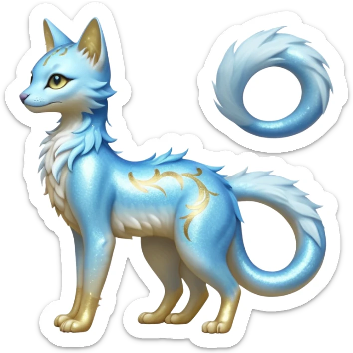 Pastel realistic divine glowing gold-glittery and light pastel blue glimmering glooming shiny glossy glittery holy cute elegant beautiful fantasy fae-feline-vernid-sergal-fursona animal creature with a tufted tail full body with intricate markings  sticker