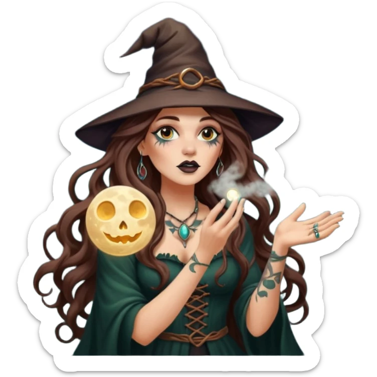forest witch woman long wavy brown hair tattoos blowing moon dust sticker