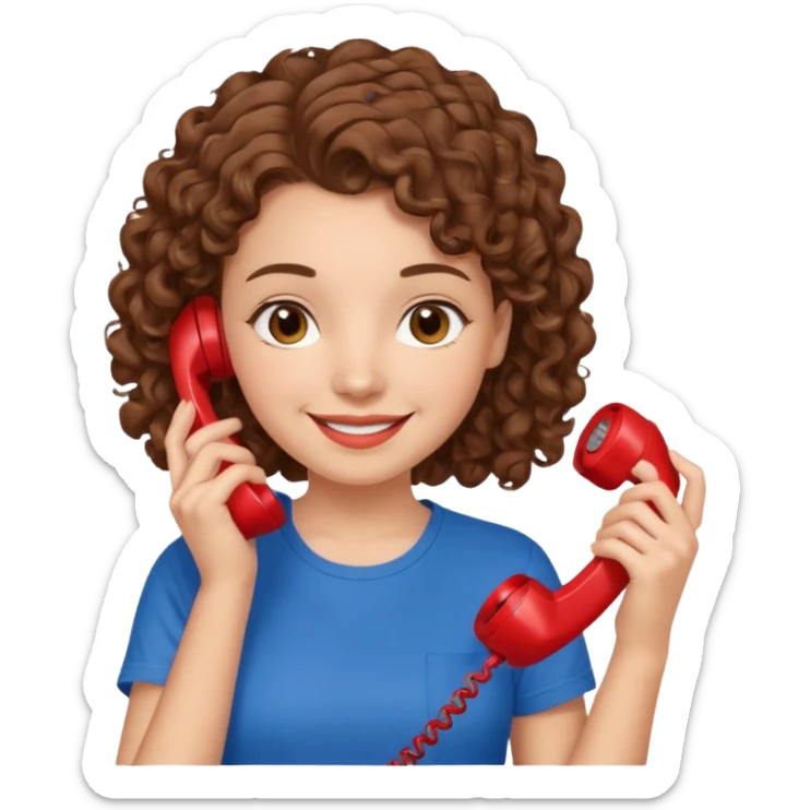 chica con piel blanca sonriendo, ojos marrones y pelo marrón atado con rulos con remera celeste. atendiendo un teléfono rojo sticker