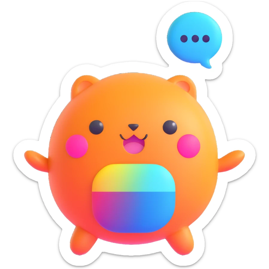 Retro game mascot — like a Tamagotchi-style AI creature, round and colorful with a speech bubble. sticker