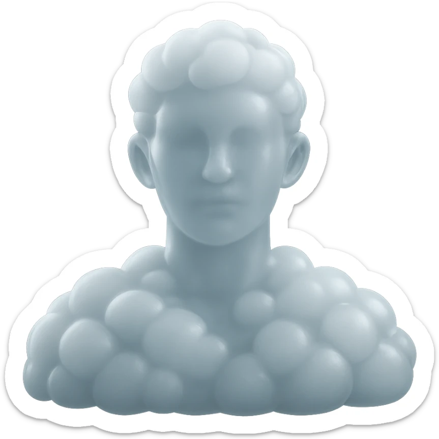 person looking straight, shoulders up, fully composed of white fluffy convex clouds, matte glass style, clouds voluminous and soft sticker