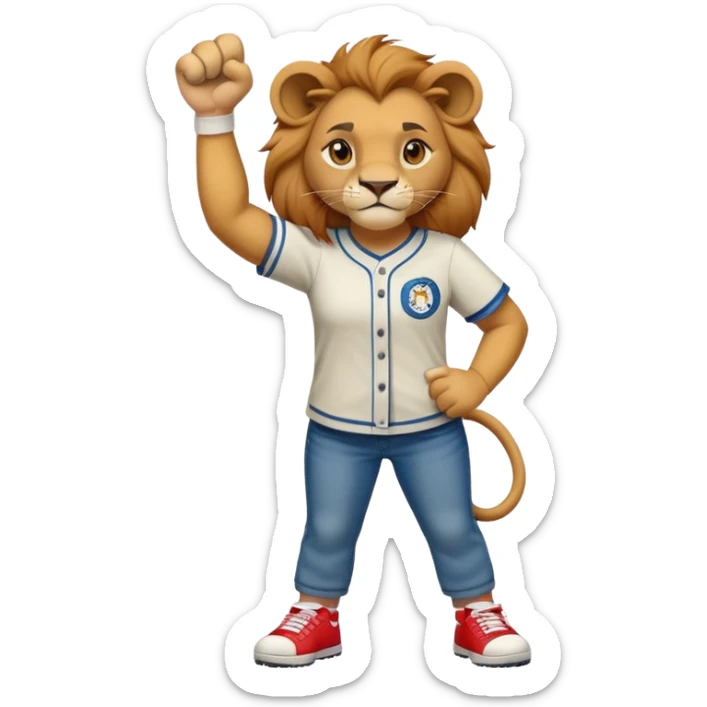 friendly anthropomorphised female lion wearing a baseball shirt, jeans, trainers, standing upright with one fist raised, looking determined and confident sticker