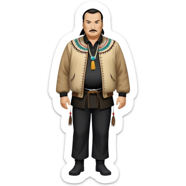 unhealthy steven segal standing render-entire-body balding with ponytail. pot belly.  visible-legs native american style jacket-with-tassles black pants big belly sticker
