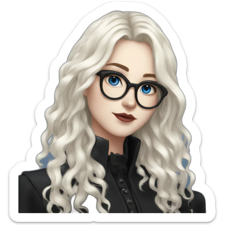 full length girl in a black coat and goth black boots, glasses, blue eyes, white skin, curly black long hair and aristocratic high cheekbones sticker