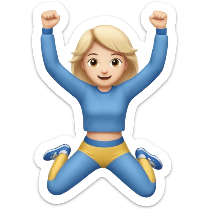 Emoji-style person jumping with fist up, excited expression, rounded cute style, soft shading, sticker