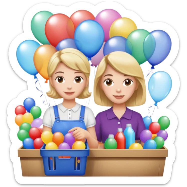 Pta lady holding lots of random items at a stall surrounded by balloons and bubbles sticker
