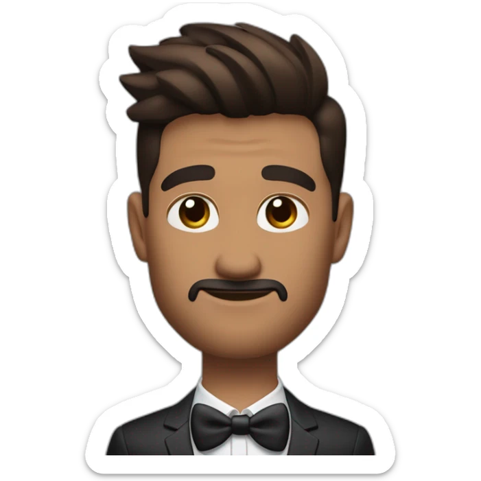 Quiff, 5'o clock shadow beard, short man, dark brown skintone, wearing airpods pro 2, formal wear, round face, medium sized nose, brown eyes sticker