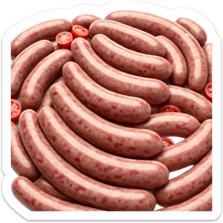 portion of raw sausage filling, coarse grind, pink-red meat, visible white fat, moist uneven texture, natural color variation, unprocessed look, clean 3D rendering, soft light, subtle shadow, no background elements, no anthropomorphic features, transparent background, emoji scale sticker