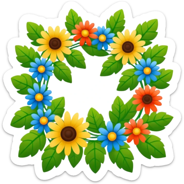 midsommarstång (Swedish maypole) decorated with green leaves and colorful flowers, standing upright with two floral wreaths hanging from the crossbar, festive and cheerful, clean modern illustration style sticker